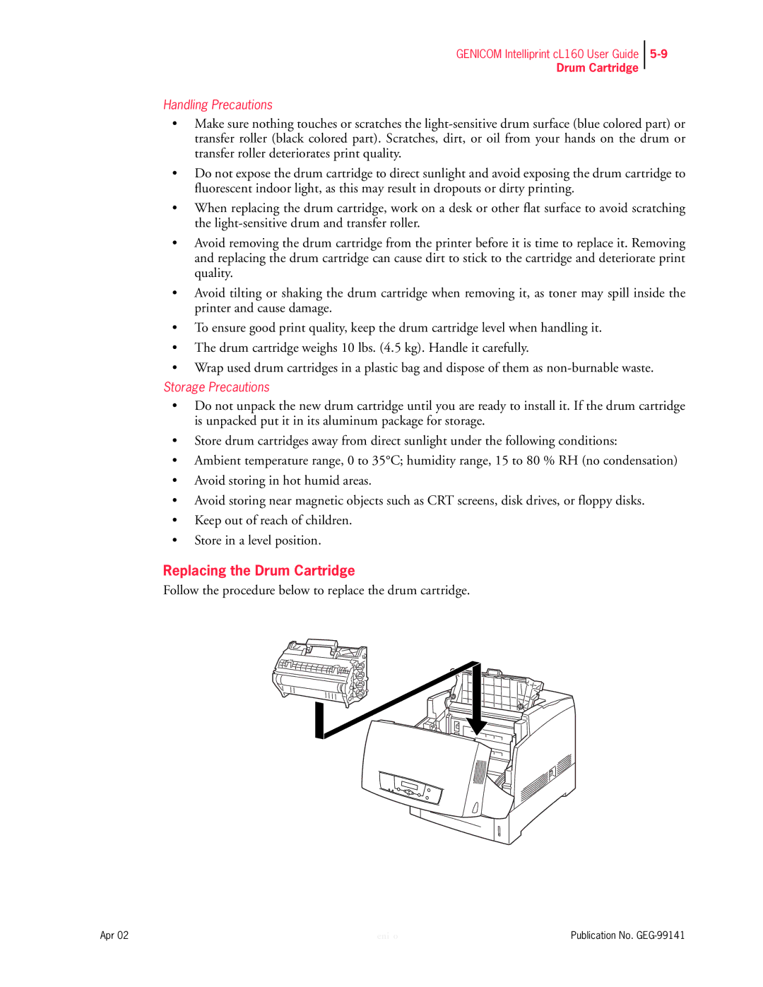 Genicom cL160 manual Replacing the Drum Cartridge 