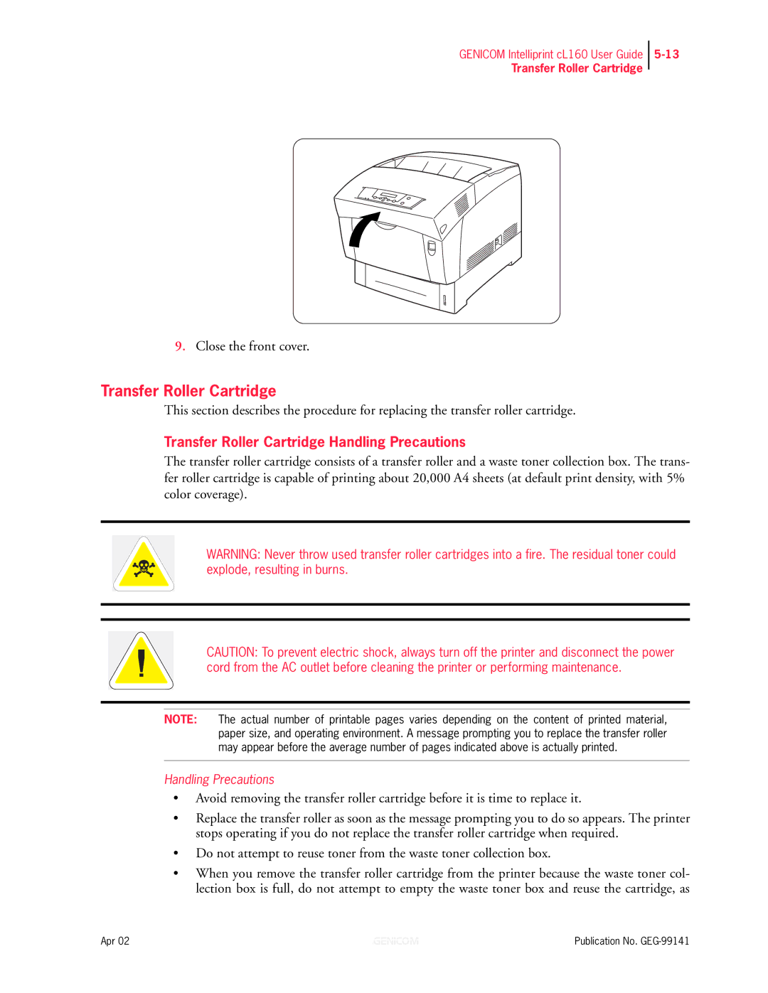 Genicom cL160 manual Transfer Roller Cartridge Handling Precautions 