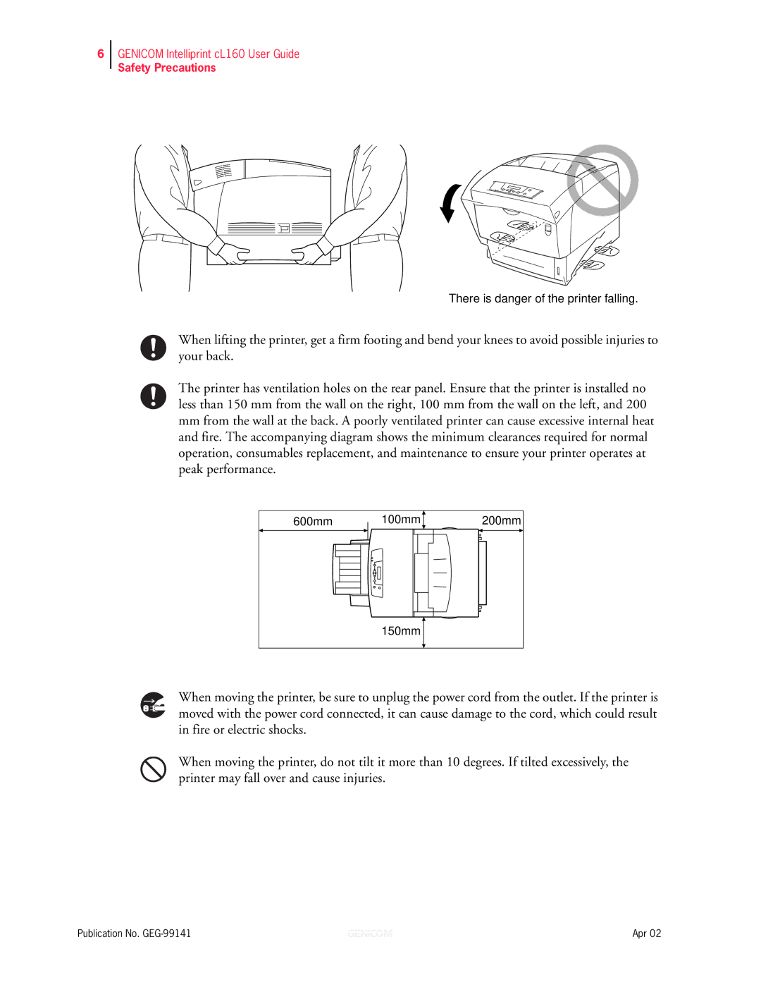 Genicom cL160 manual There is danger of the printer falling 