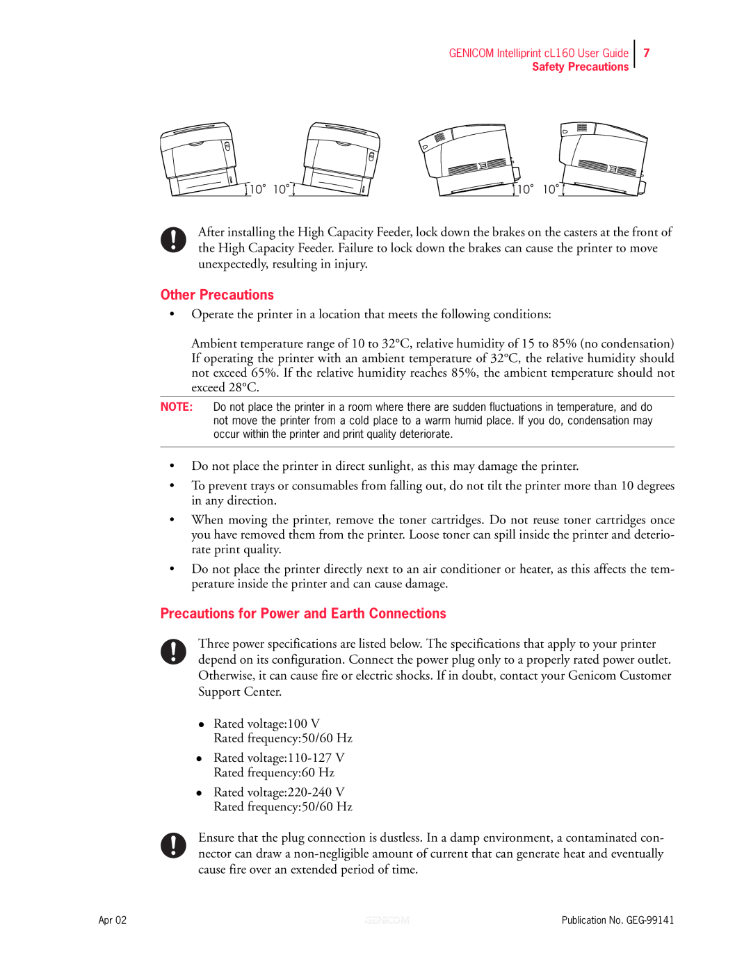 Genicom cL160 manual Other Precautions, Precautions for Power and Earth Connections 