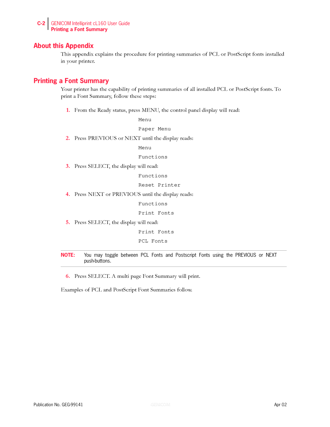 Genicom cL160 manual About this Appendix, Printing a Font Summary 