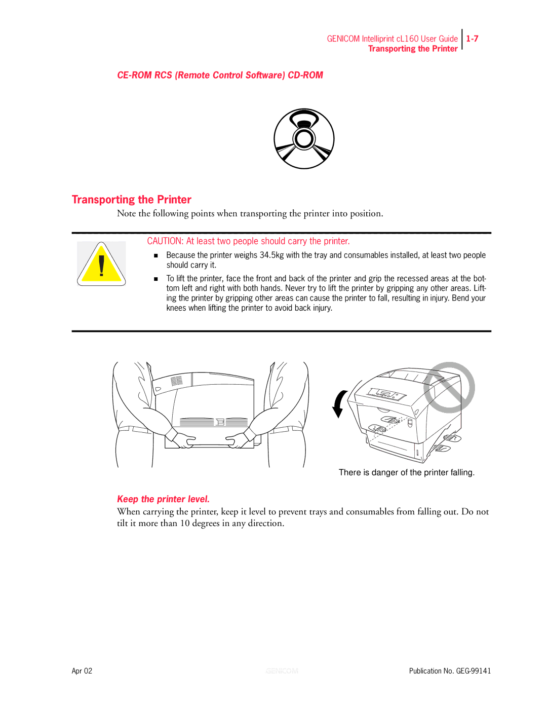 Genicom cL160 manual Transporting the Printer 