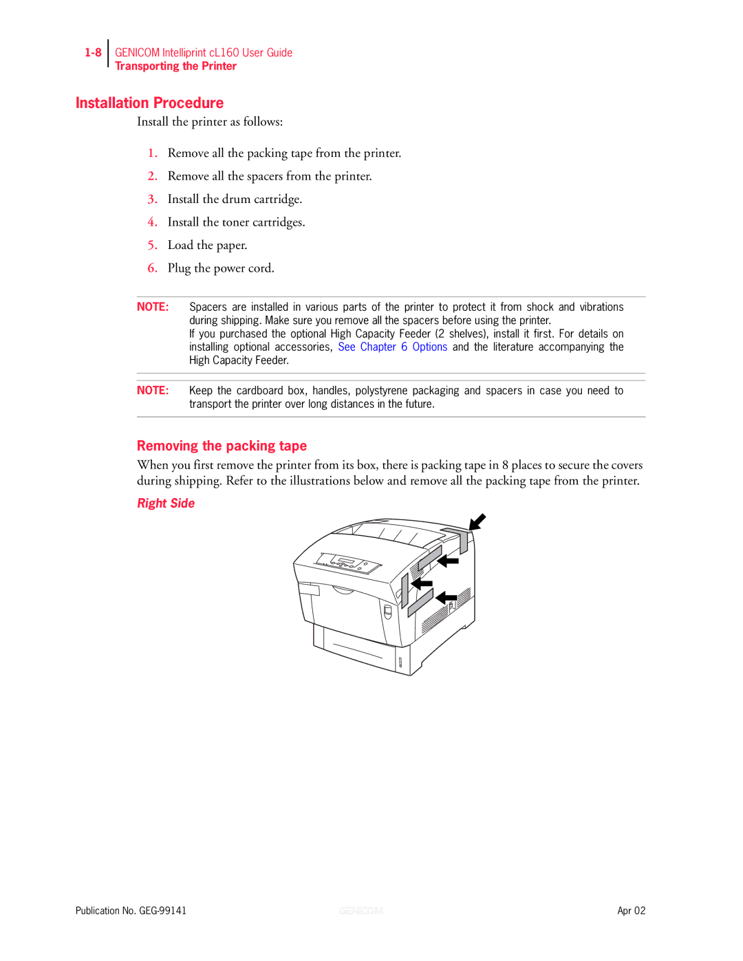 Genicom cL160 manual Installation Procedure, Removing the packing tape 