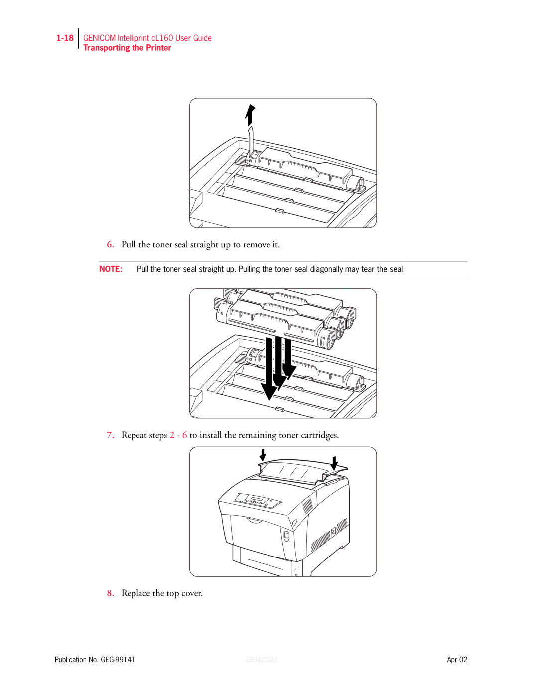 Genicom cL160 manual Transporting the Printer 