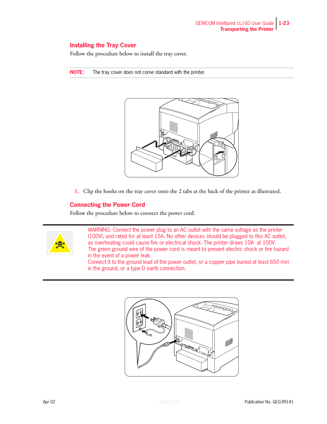 Genicom cL160 manual Installing the Tray Cover, Connecting the Power Cord 