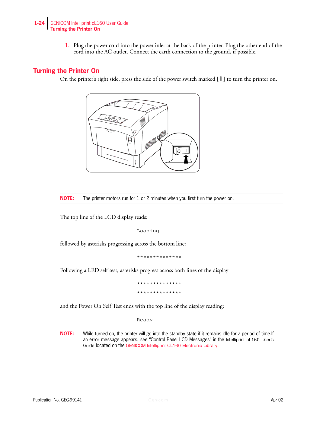 Genicom cL160 manual Turning the Printer On, Ready 