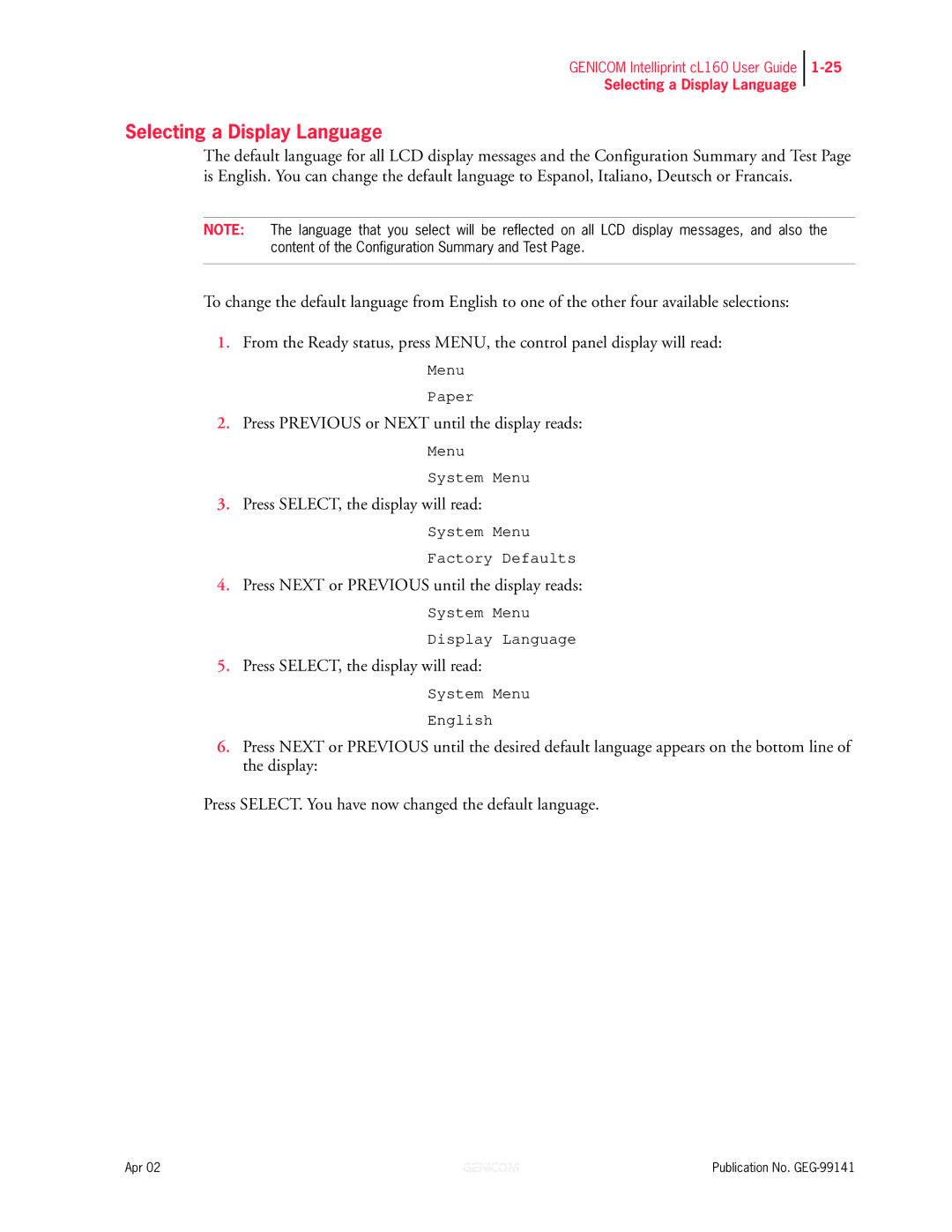 Genicom cL160 manual Selecting a Display Language 