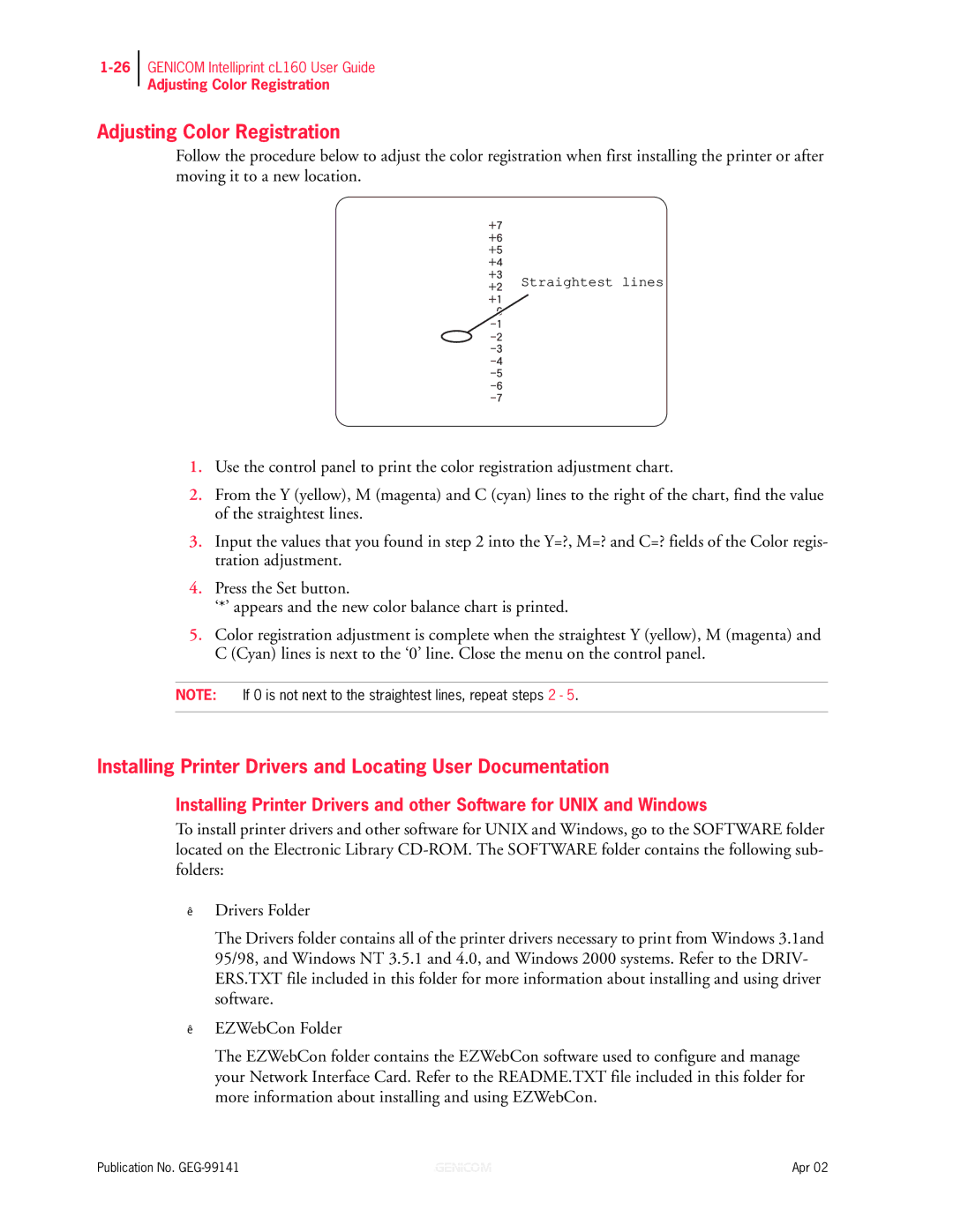 Genicom cL160 manual Adjusting Color Registration, Installing Printer Drivers and Locating User Documentation 