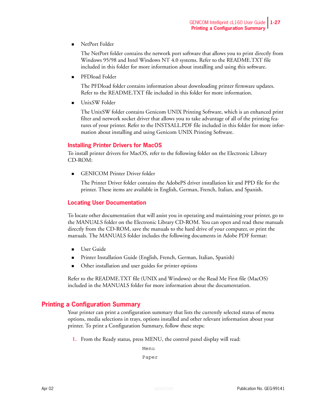 Genicom cL160 manual Printing a Configuration Summary, Installing Printer Drivers for MacOS, Locating User Documentation 