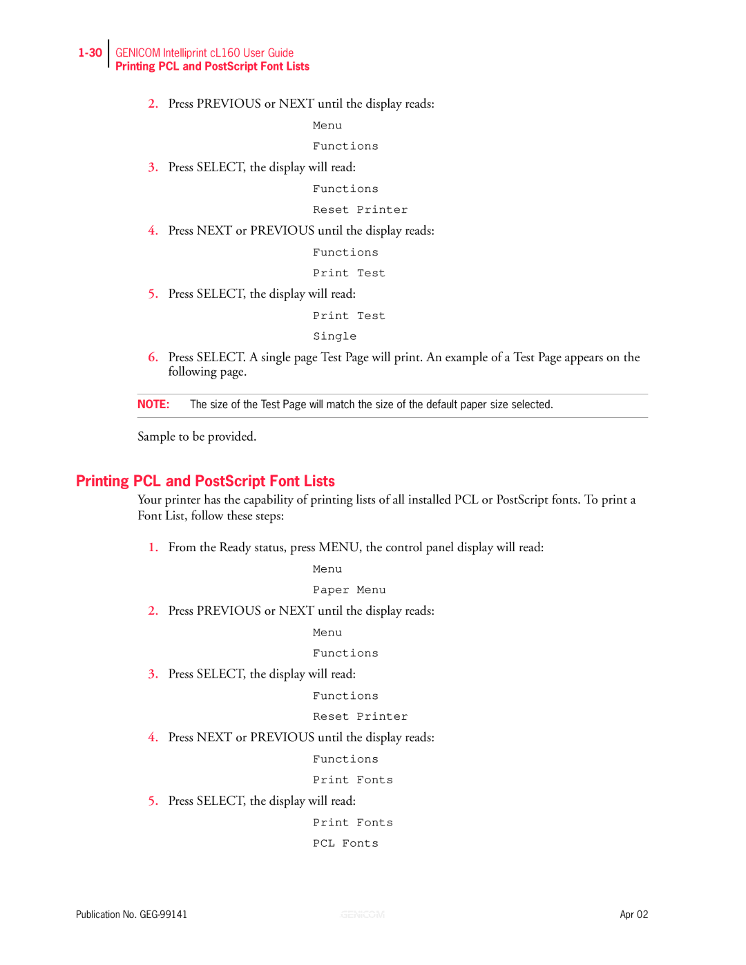 Genicom cL160 manual Printing PCL and PostScript Font Lists, Print Fonts PCL Fonts 