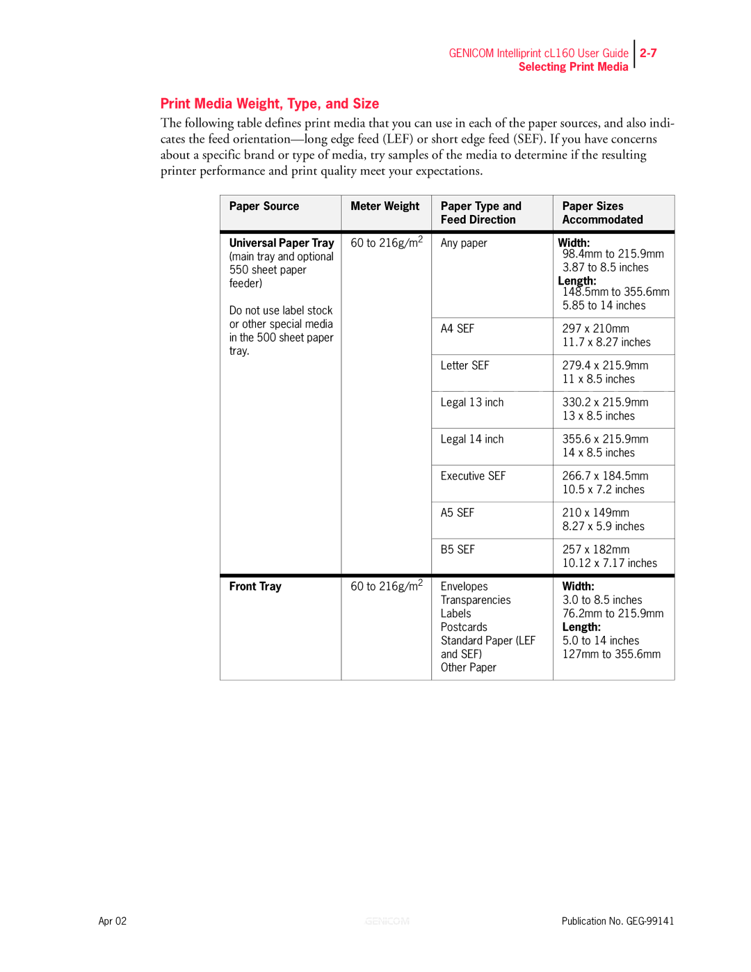 Genicom cL160 manual Print Media Weight, Type, and Size, Width, Length, Front Tray 