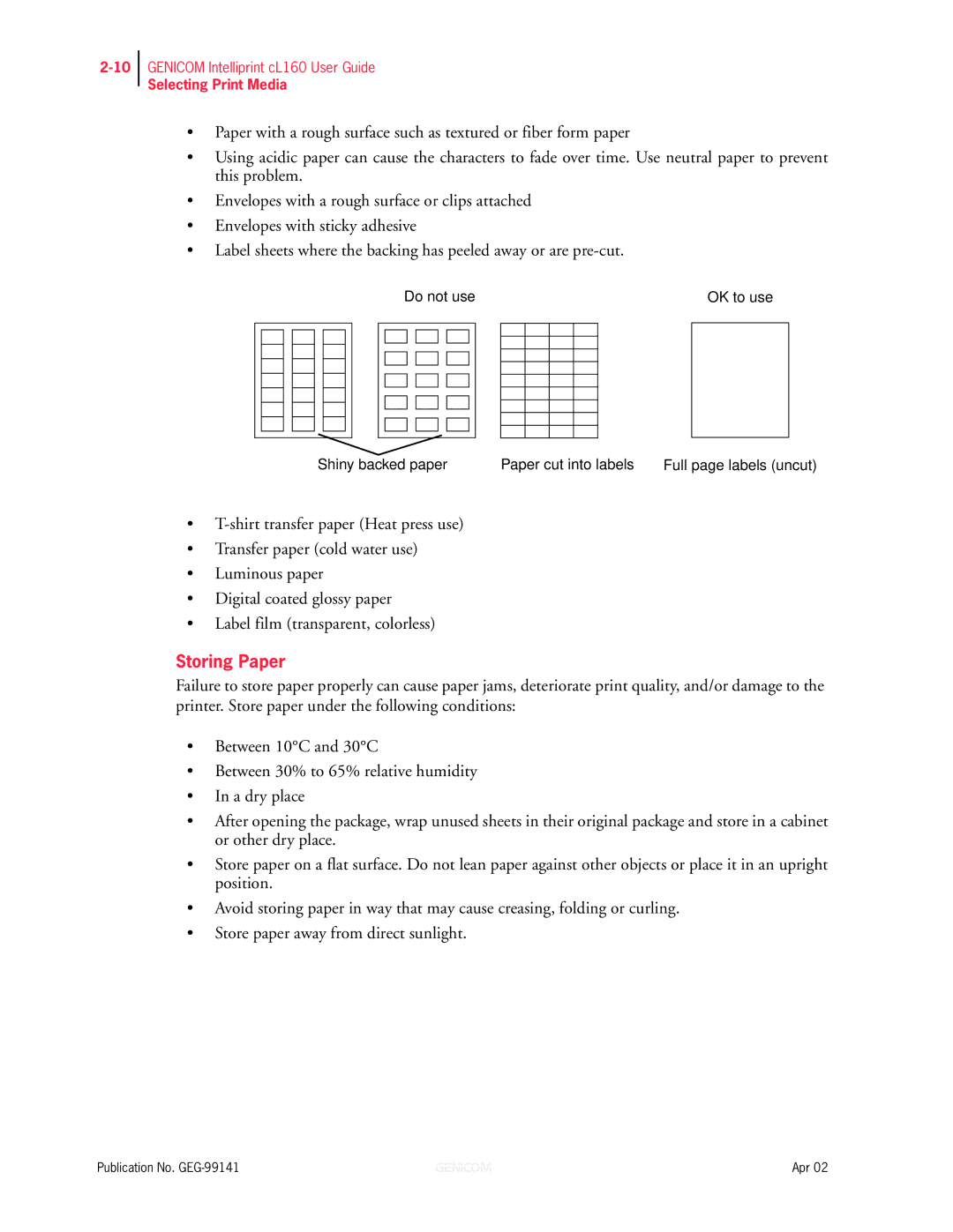 Genicom cL160 manual Storing Paper 