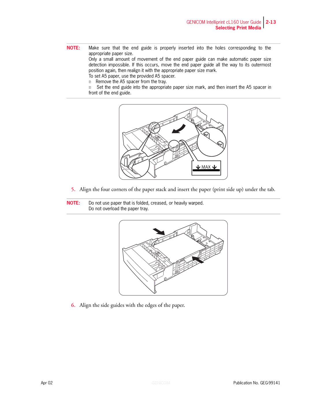 Genicom cL160 manual Align the side guides with the edges of the paper 