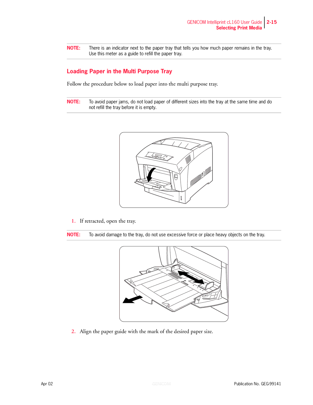 Genicom cL160 manual Loading Paper in the Multi Purpose Tray 