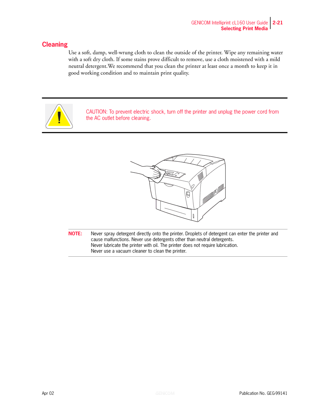 Genicom cL160 manual Cleaning 