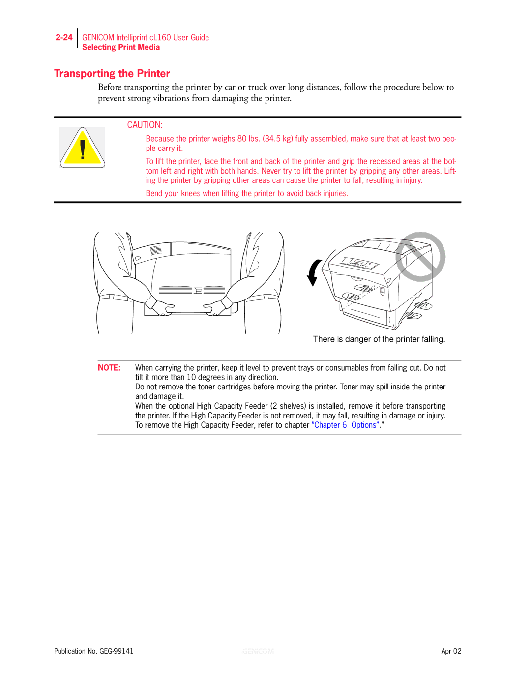 Genicom cL160 manual Transporting the Printer 