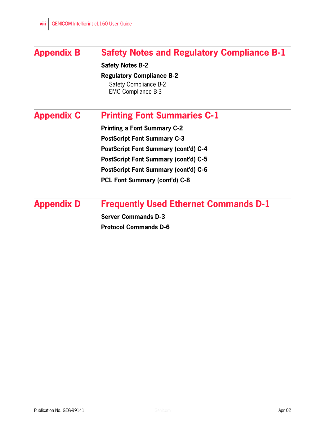 Genicom cL160 manual Appendix B Safety Notes and Regulatory Compliance B-1 