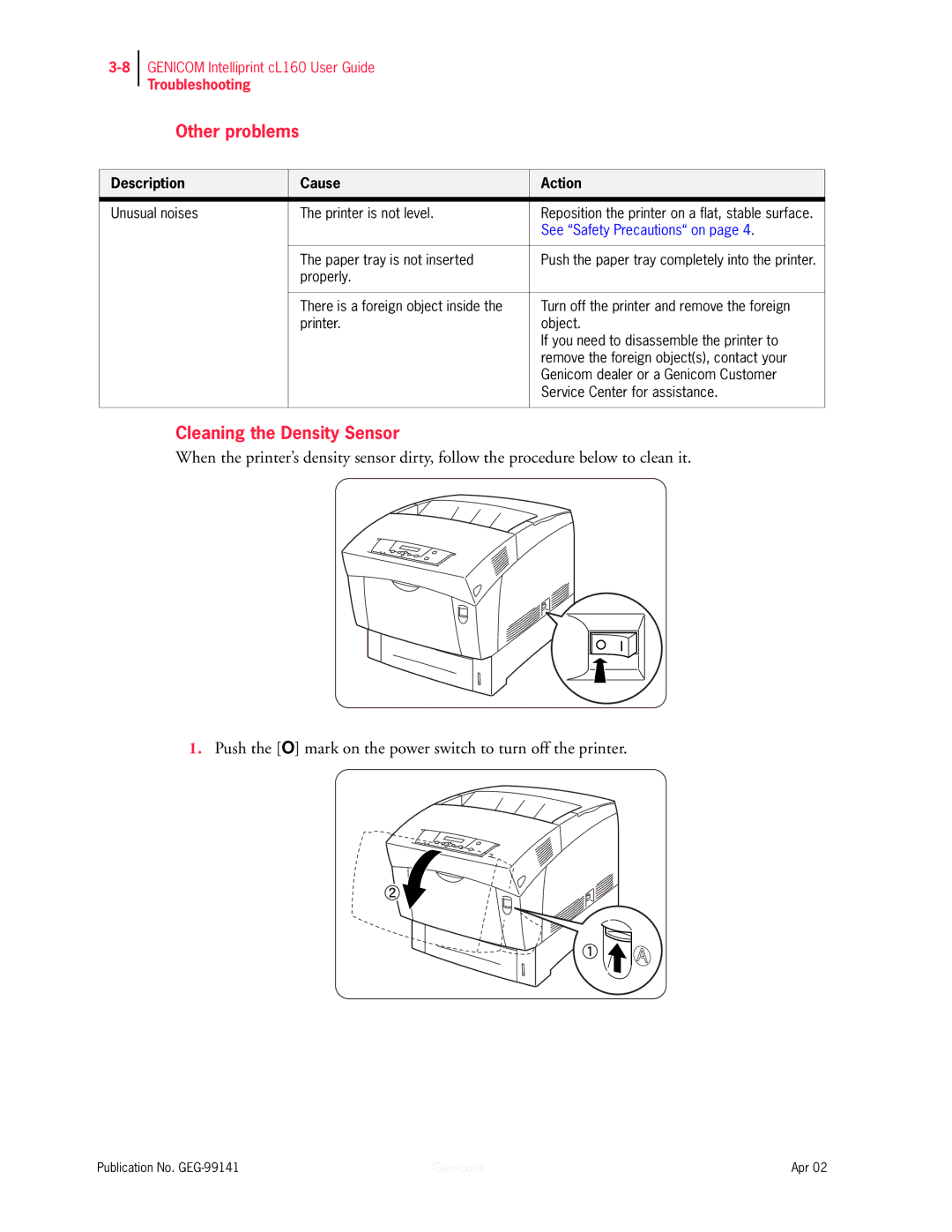 Genicom cL160 manual Other problems, Cleaning the Density Sensor 