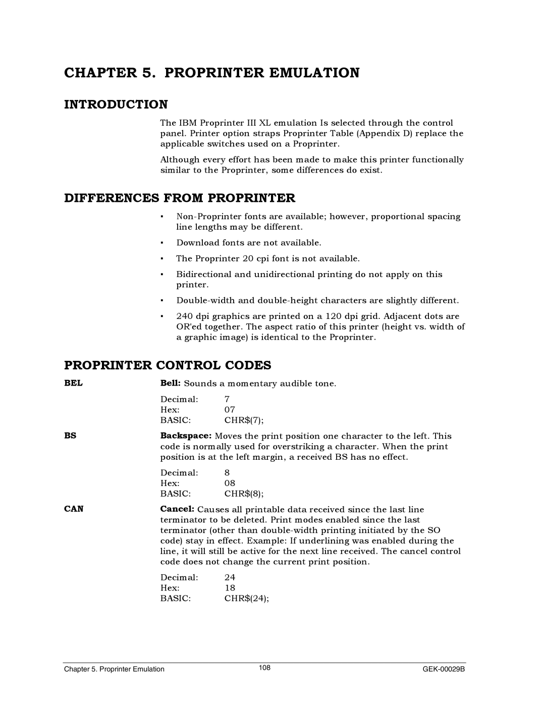 Genicom GEK 00031B manual Differences from Proprinter, Proprinter Control Codes, Can 