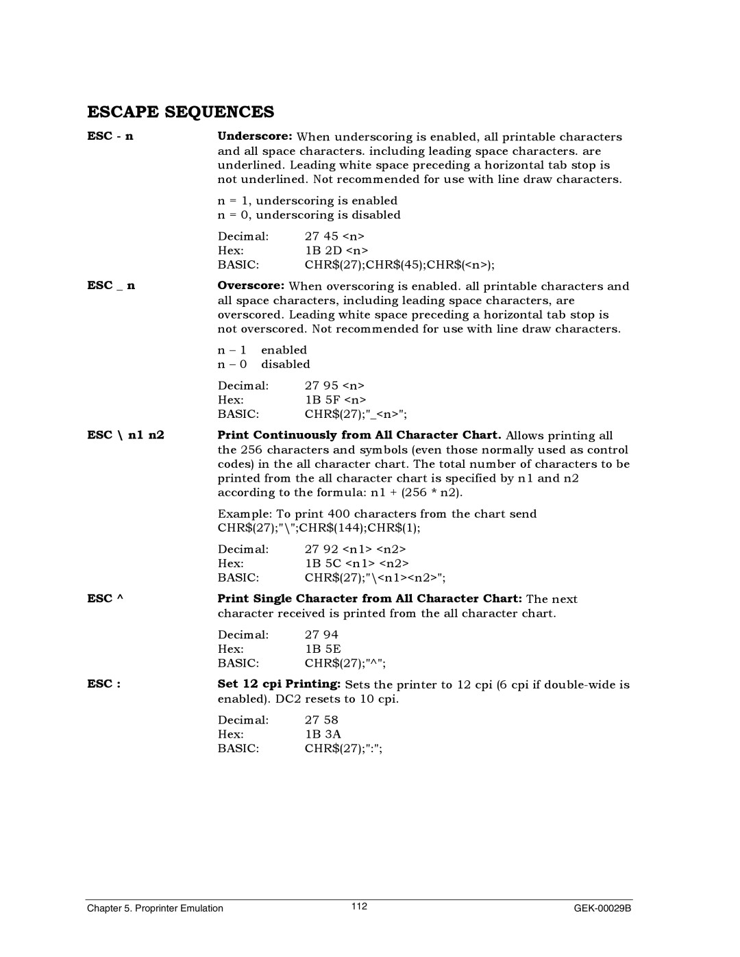 Genicom GEK 00031B manual ESC n, Print Single Character from All Character Chart The next 