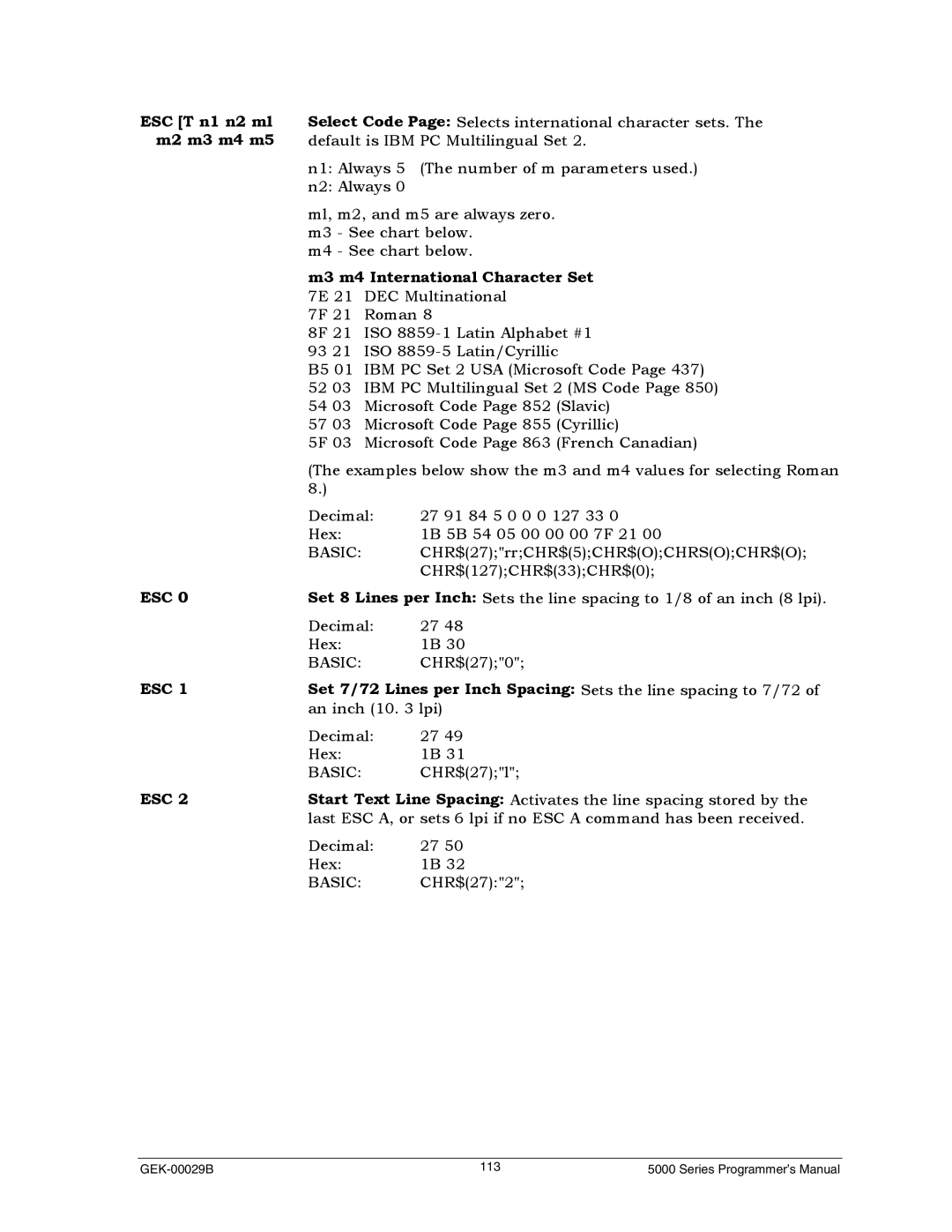 Genicom GEK 00031B manual ESC T n1 n2 ml, M2 m3 m4 m5, M3 m4 International Character Set 