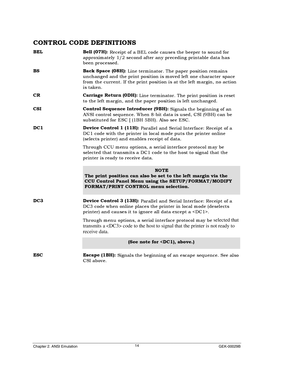 Genicom GEK 00031B manual Control Code Definitions 