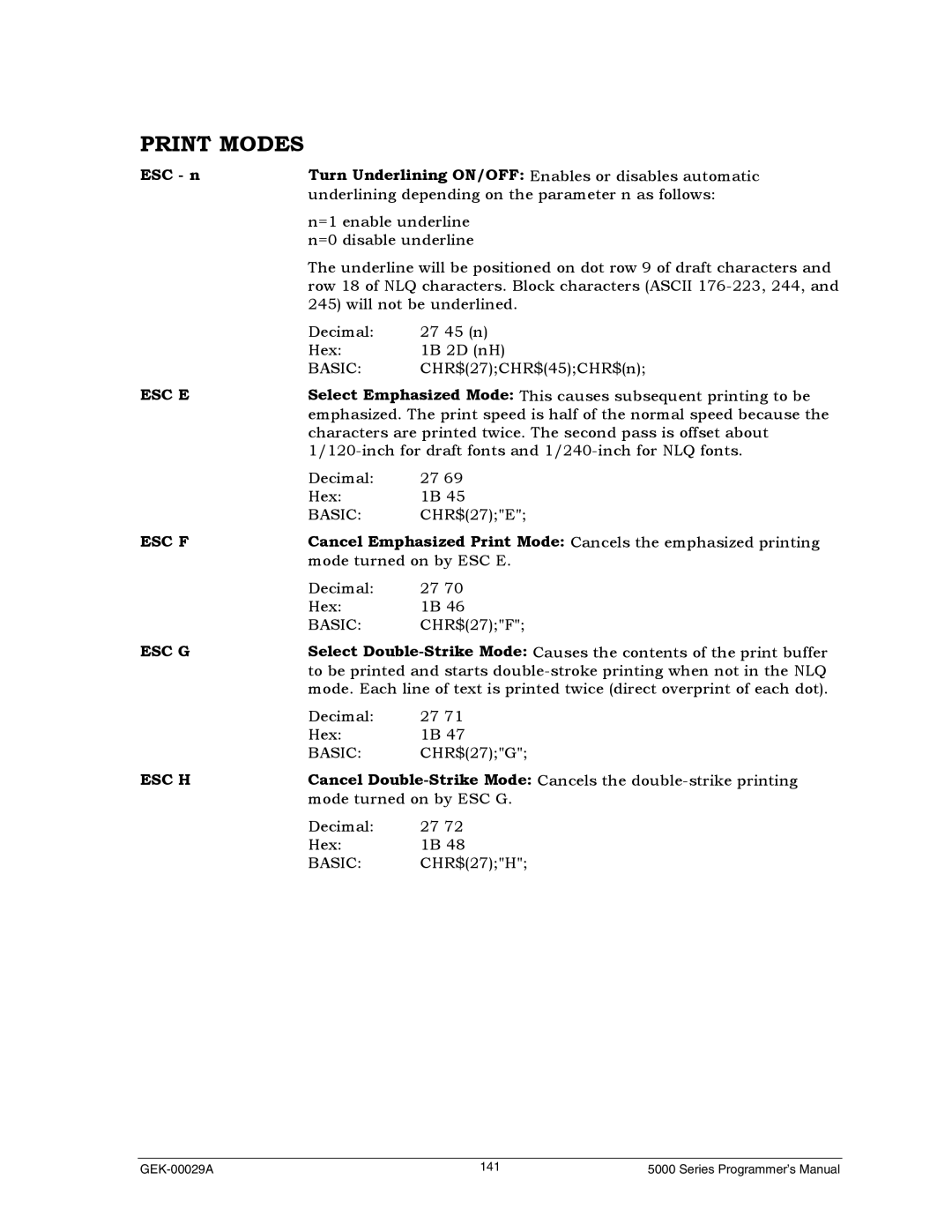 Genicom GEK 00031B manual Print Modes, ESC n 