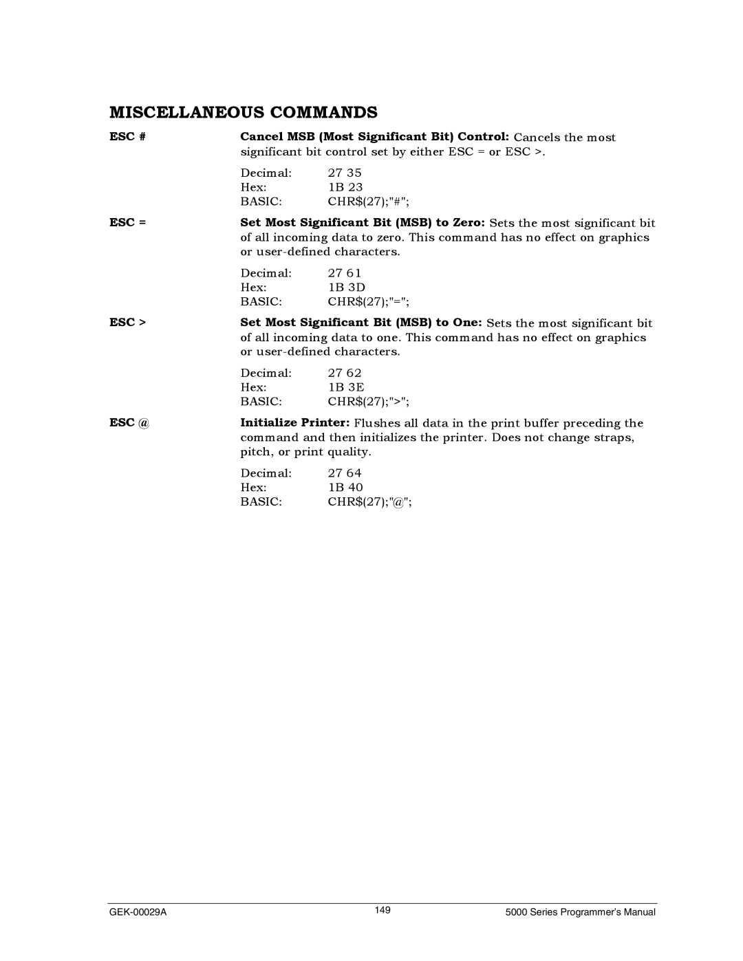 Genicom GEK 00031B Miscellaneous Commands, Esc #, Cancel MSB Most Significant Bit Control Cancels the most, Esc =, Esc @ 