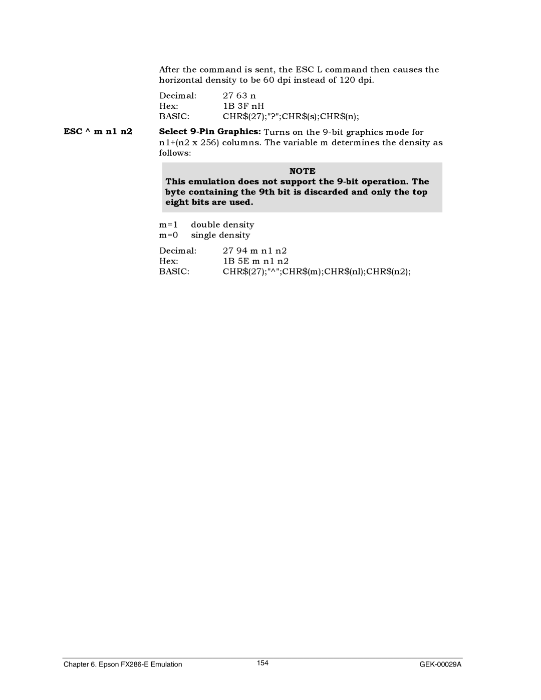 Genicom GEK 00031B manual ESC m n1 n2, This emulation does not support the 9-bit operation, Eight bits are used 