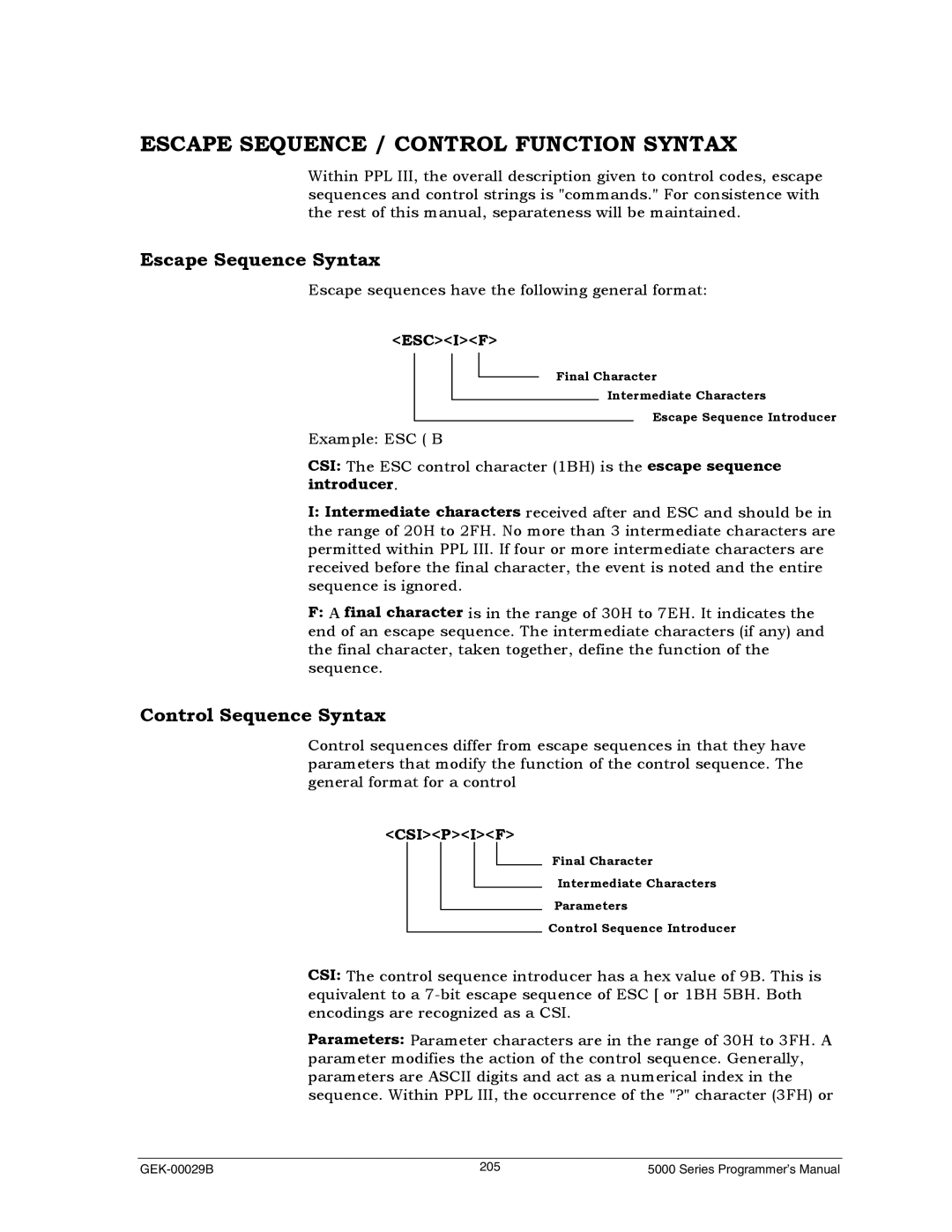 Genicom GEK 00031B manual Escape Sequence / Control Function Syntax, Escape Sequence Syntax, Control Sequence Syntax, Escif 