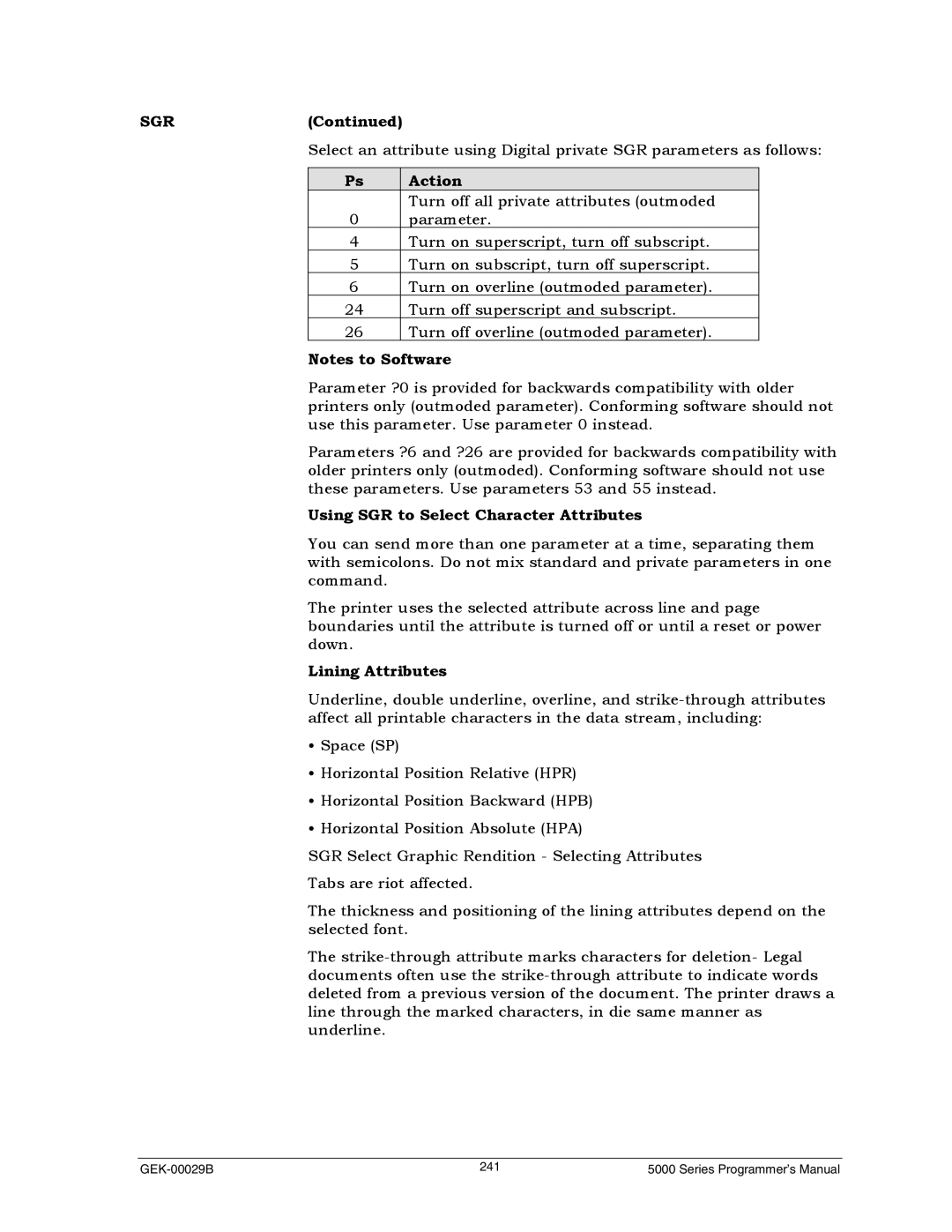 Genicom GEK 00031B manual Sgr, Using SGR to Select Character Attributes, Lining Attributes 