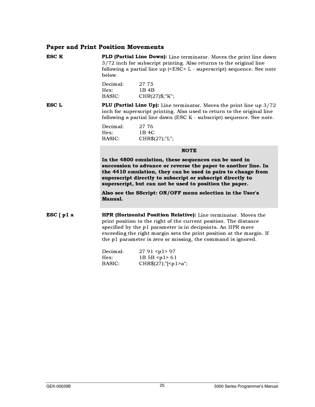 Genicom GEK 00031B manual Paper and Print Position Movements, Esc K, Esc L 