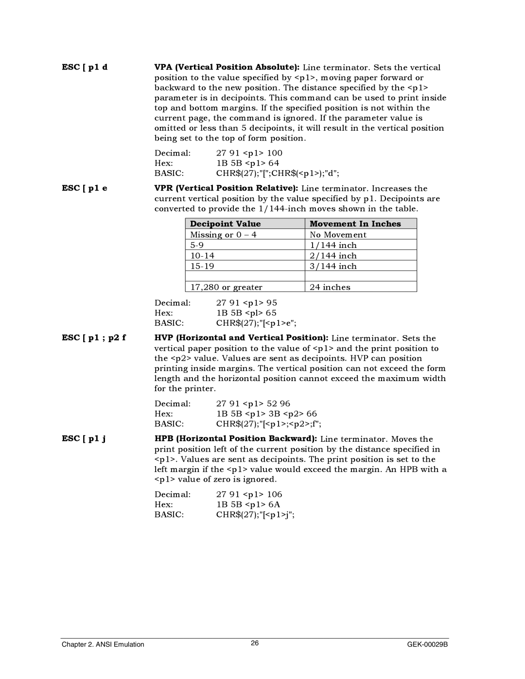 Genicom GEK 00031B manual Decipoint Value Movement In Inches, P2 value. Values are sent as decipoints. HVP can position 