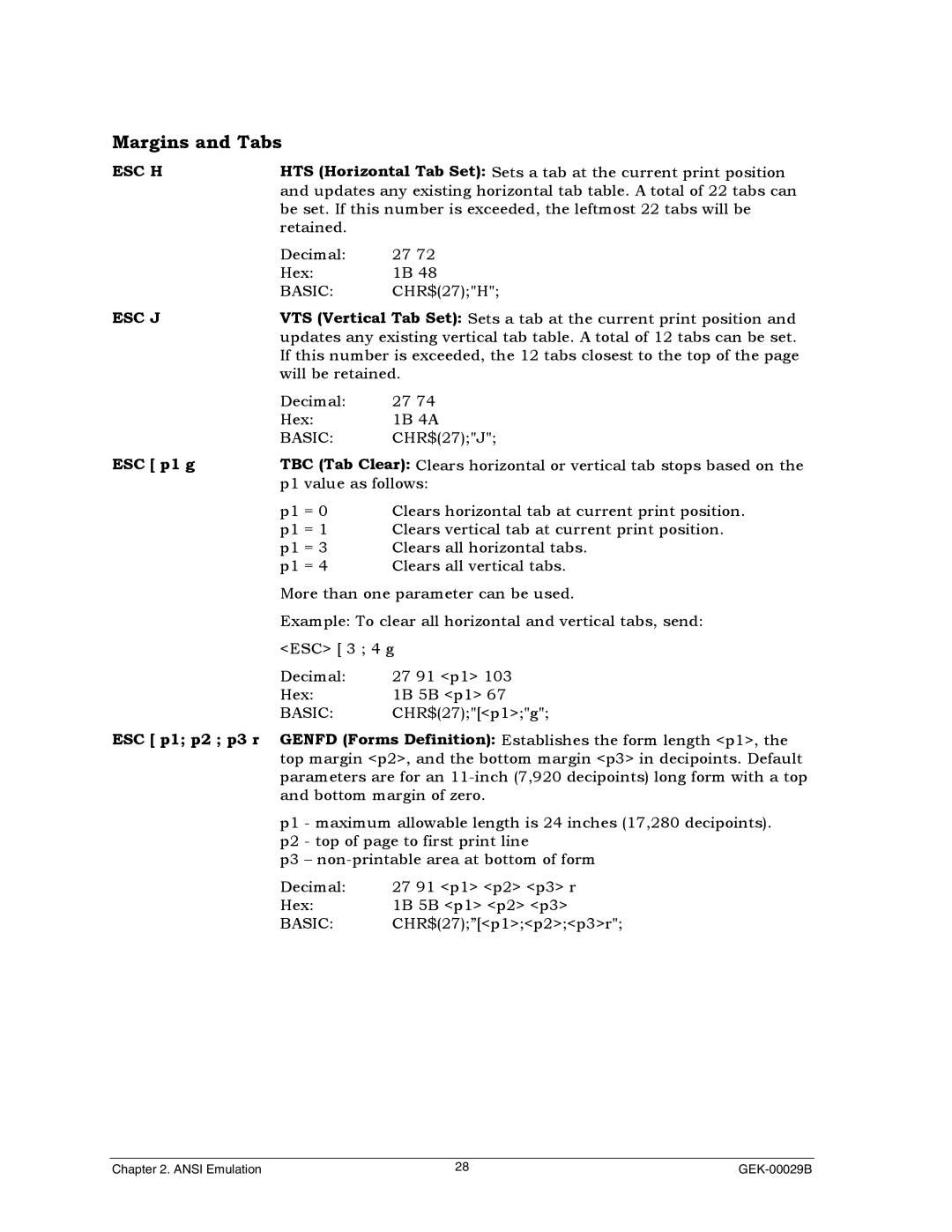 Genicom GEK 00031B manual Margins and Tabs, Esc H, Esc J, ESC p1 g 