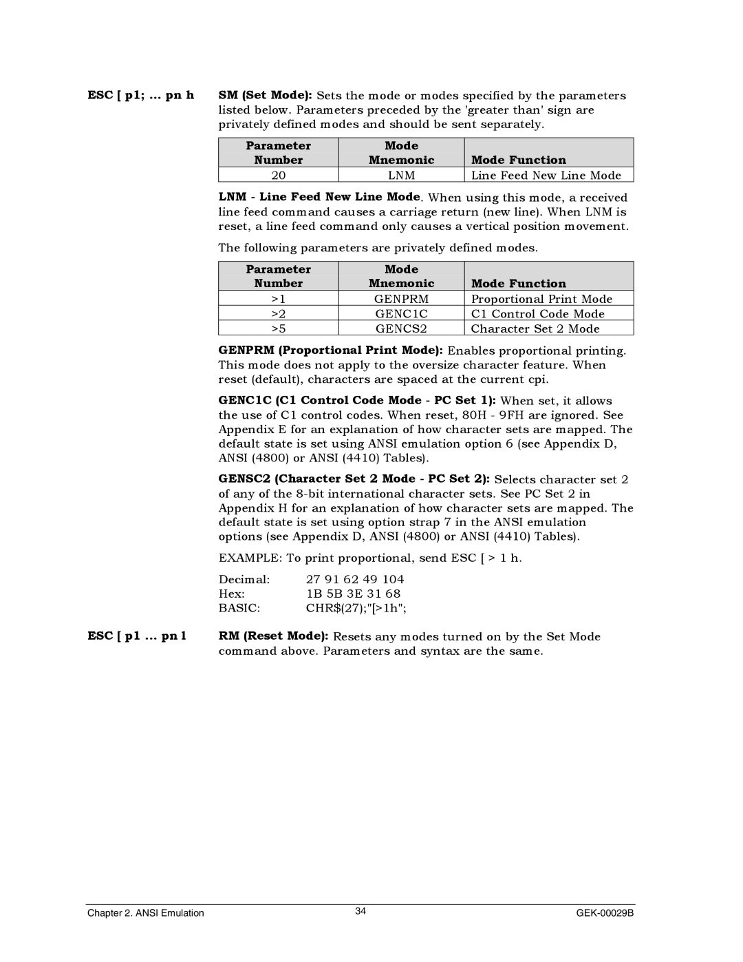Genicom GEK 00031B manual Parameter Mode Number, Mode Function, Lnm, Line Feed New Line Mode 