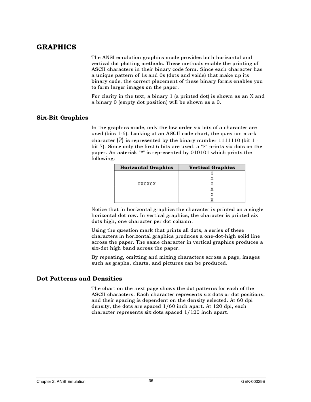 Genicom GEK 00031B manual Six-Bit Graphics, Dot Patterns and Densities, Horizontal Graphics Vertical Graphics 