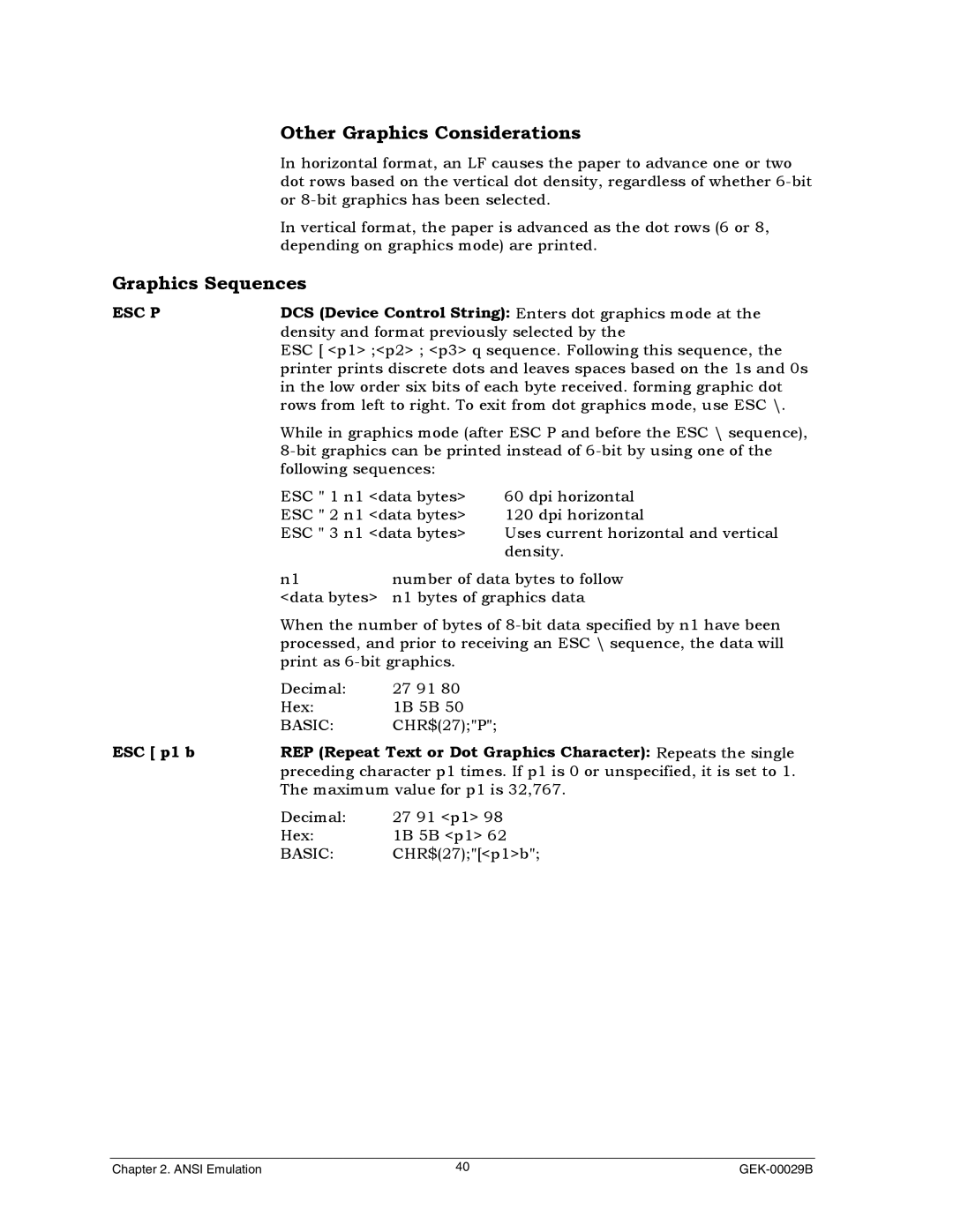 Genicom GEK 00031B manual Other Graphics Considerations, Graphics Sequences, Esc P 