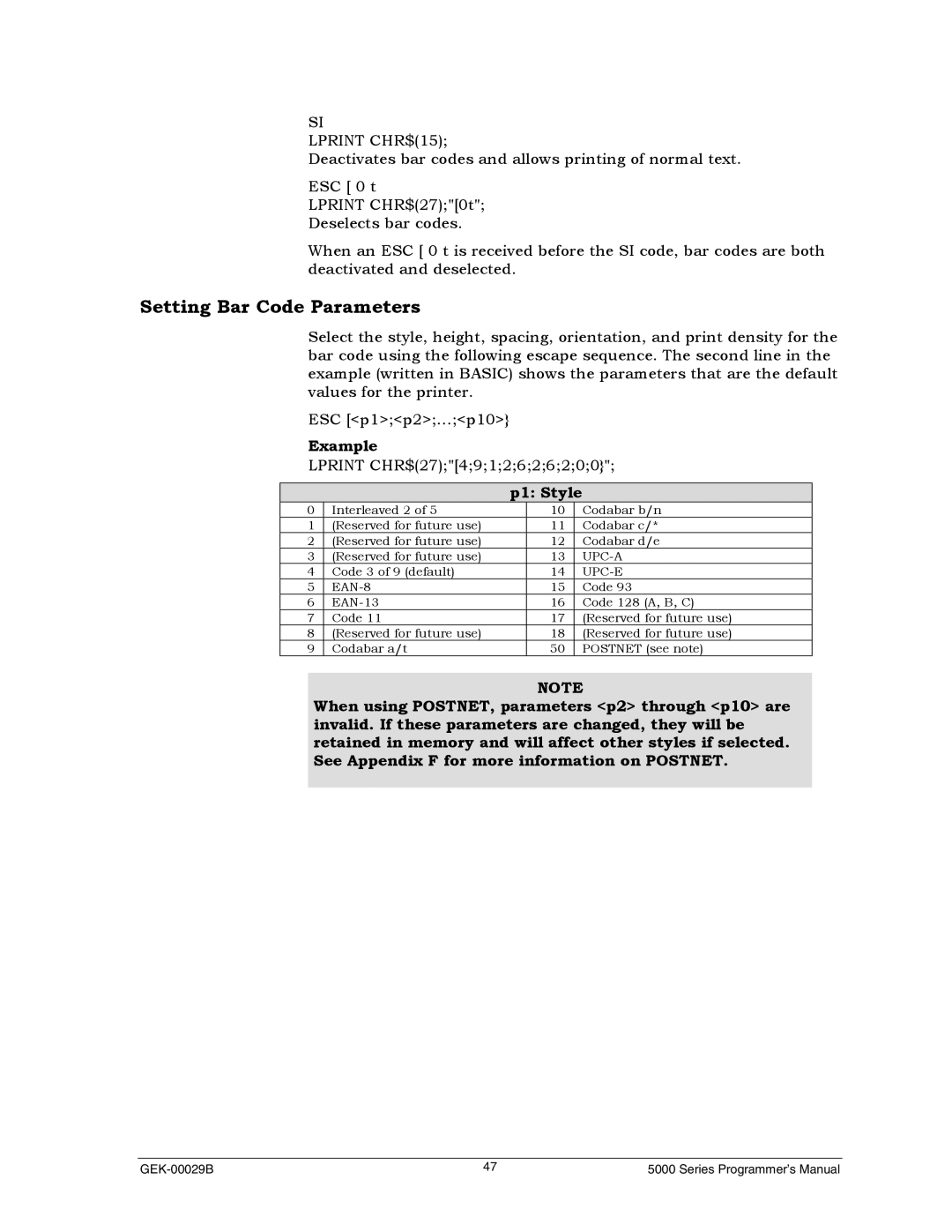 Genicom GEK 00031B manual Setting Bar Code Parameters, Example, P1 Style 