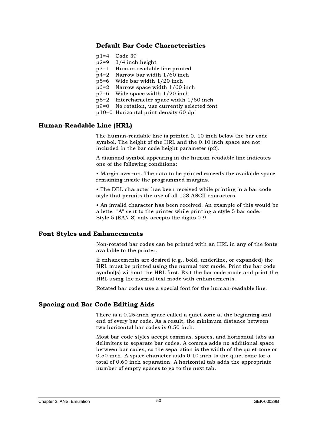 Genicom GEK 00031B manual Default Bar Code Characteristics, Human-Readable Line HRL, Font Styles and Enhancements 