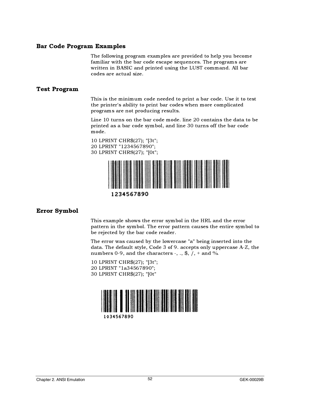 Genicom GEK 00031B manual Bar Code Program Examples, Test Program, Error Symbol 