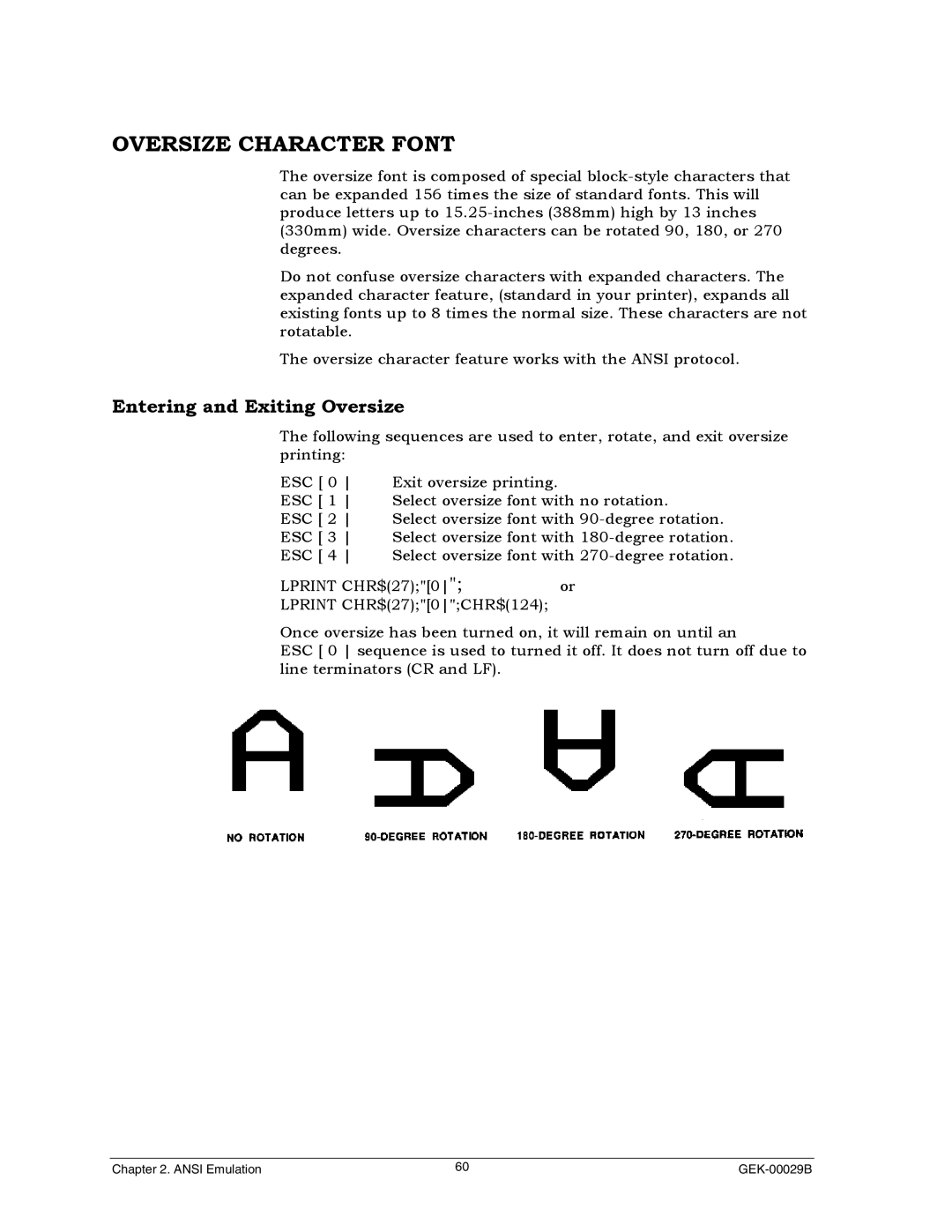 Genicom GEK 00031B manual Oversize Character Font, Entering and Exiting Oversize 