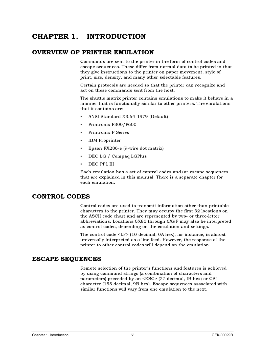 Genicom GEK 00031B manual Overview of Printer Emulation, Control Codes, Escape Sequences 