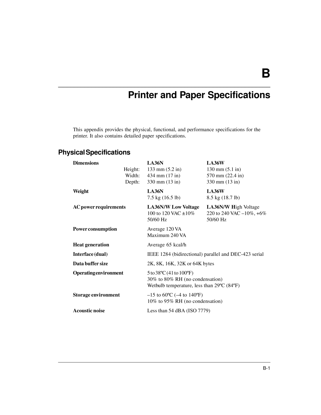 Genicom LA36 manual Printer and Paper Specifications, Physical Specifications 