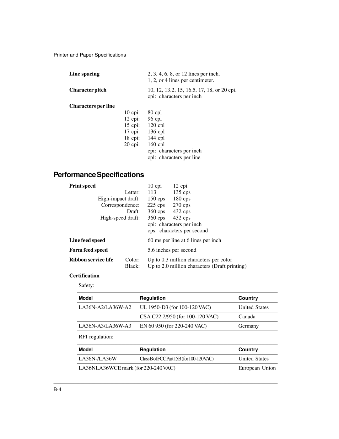 Genicom LA36 manual Performance Specifications 