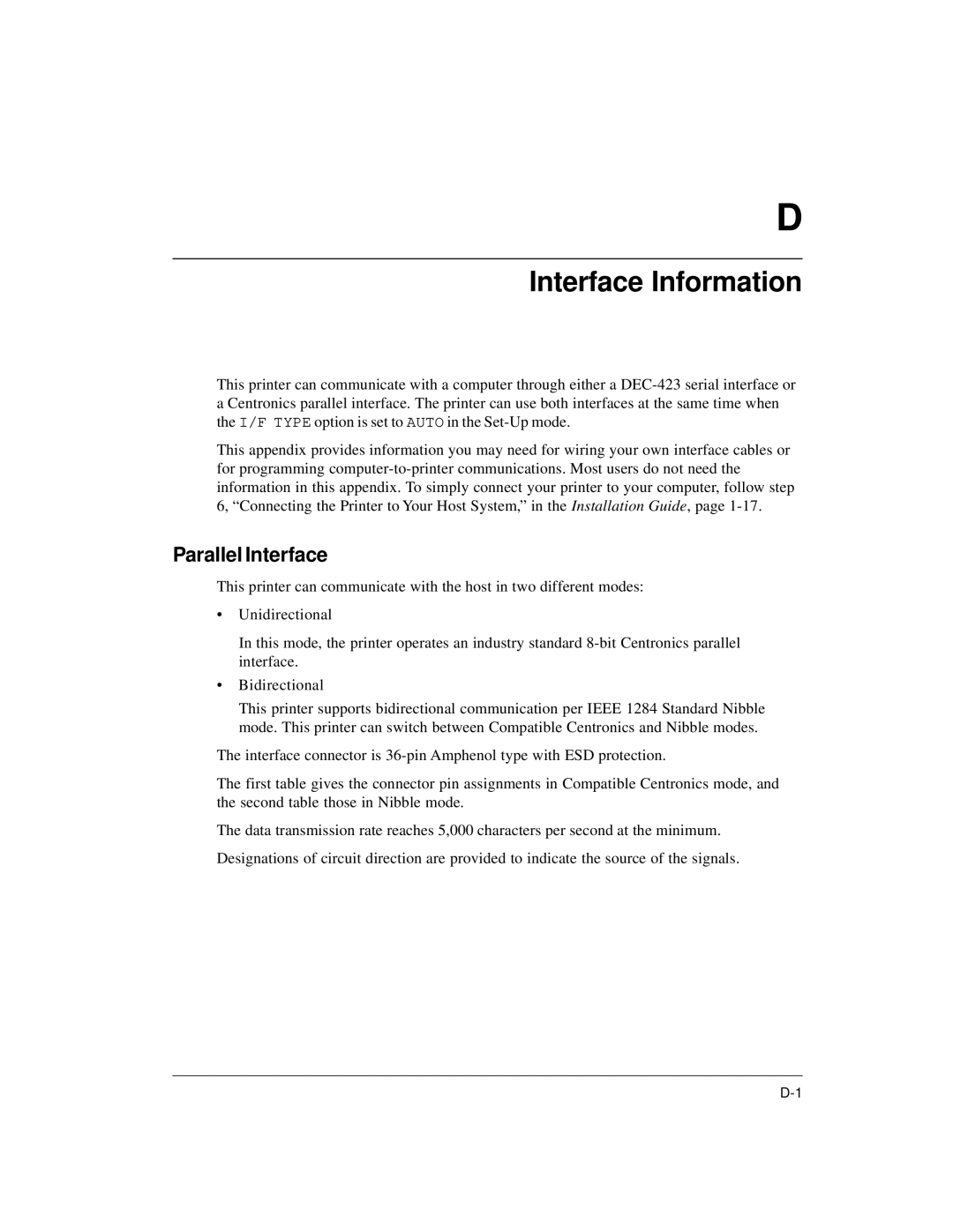 Genicom LA36 manual Interface Information, Parallel Interface 