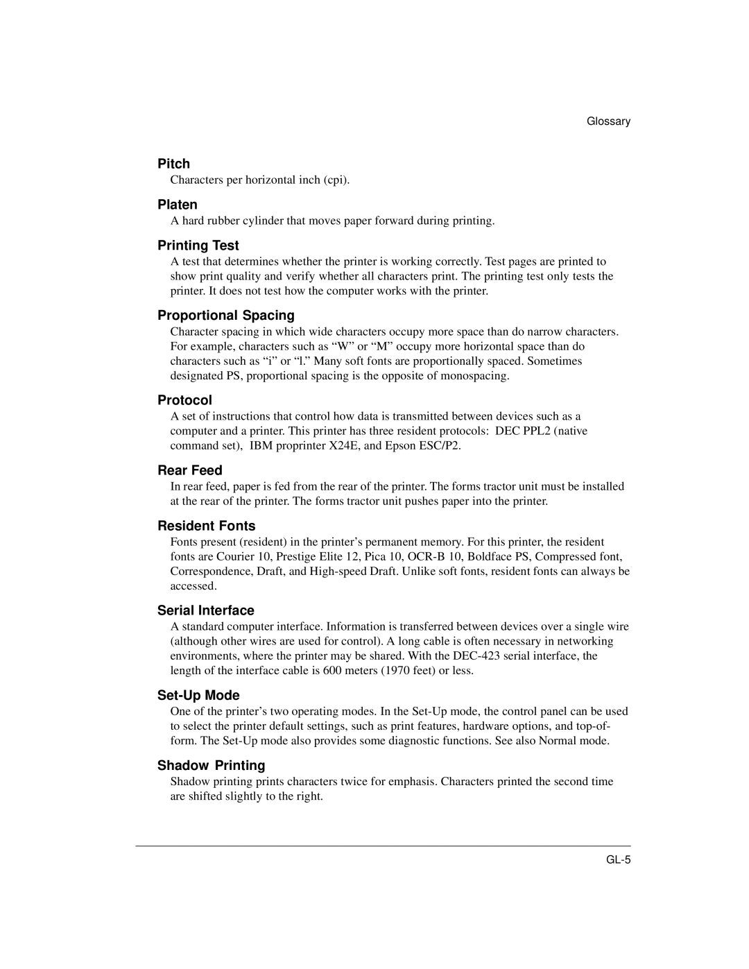 Genicom LA36 manual Pitch, Platen, Proportional Spacing, Protocol, Rear Feed, Resident Fonts, Serial Interface, Set-Up Mode 