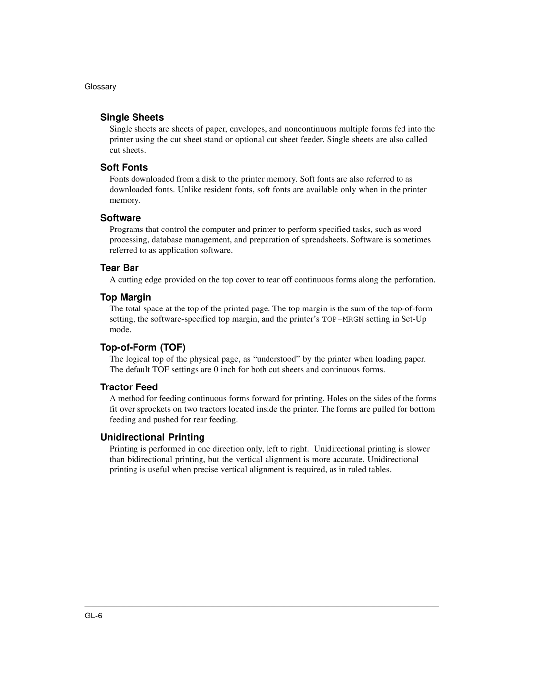 Genicom LA36 manual Single Sheets, Soft Fonts, Software, Tear Bar, Top Margin, Top-of-Form TOF, Tractor Feed 