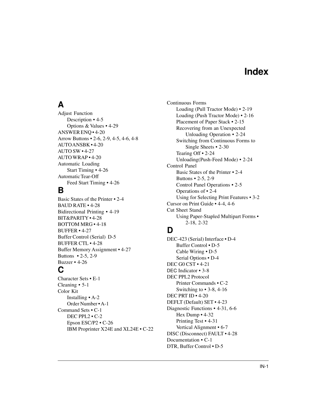 Genicom LA36 manual Index, Answer ENQ, Auto Ansbk, BIT&PARITY Bottom MRG, Buffer CTL 