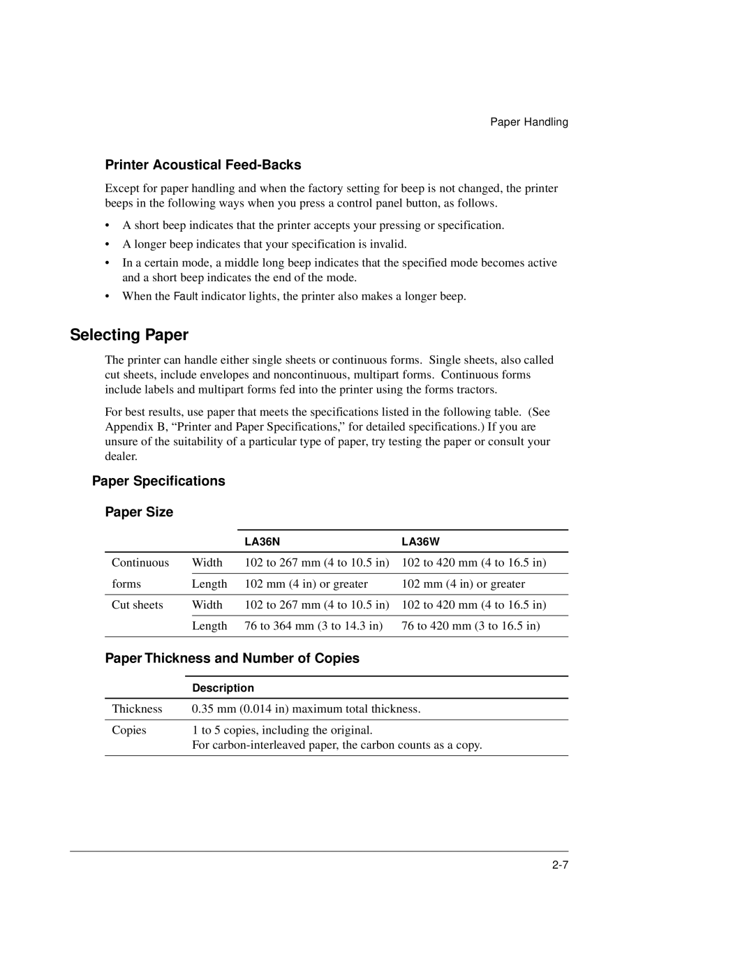 Genicom LA36 manual Selecting Paper, Printer Acoustical Feed-Backs, Paper Specifications Paper Size 