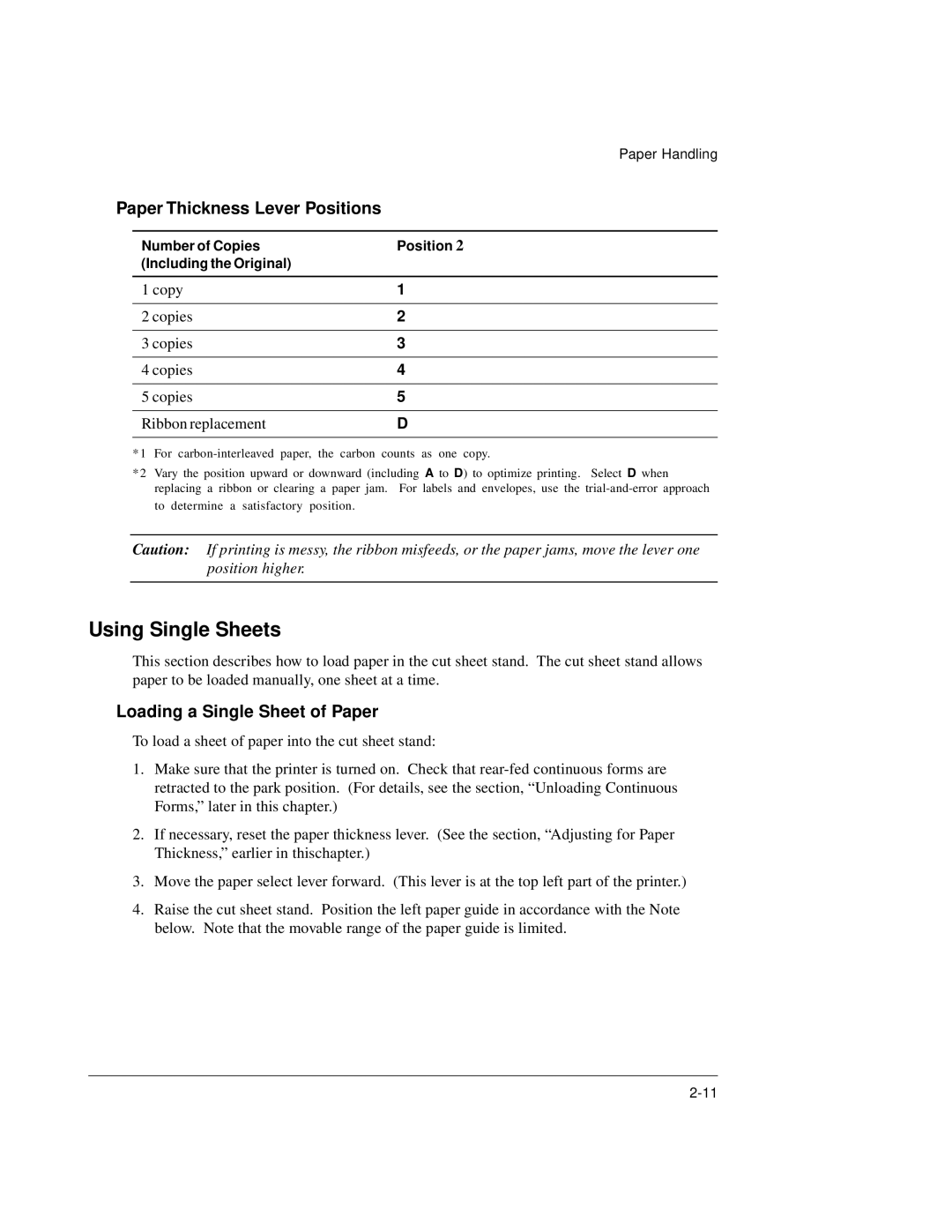 Genicom LA36 manual Using Single Sheets, Paper Thickness Lever Positions, Loading a Single Sheet of Paper 